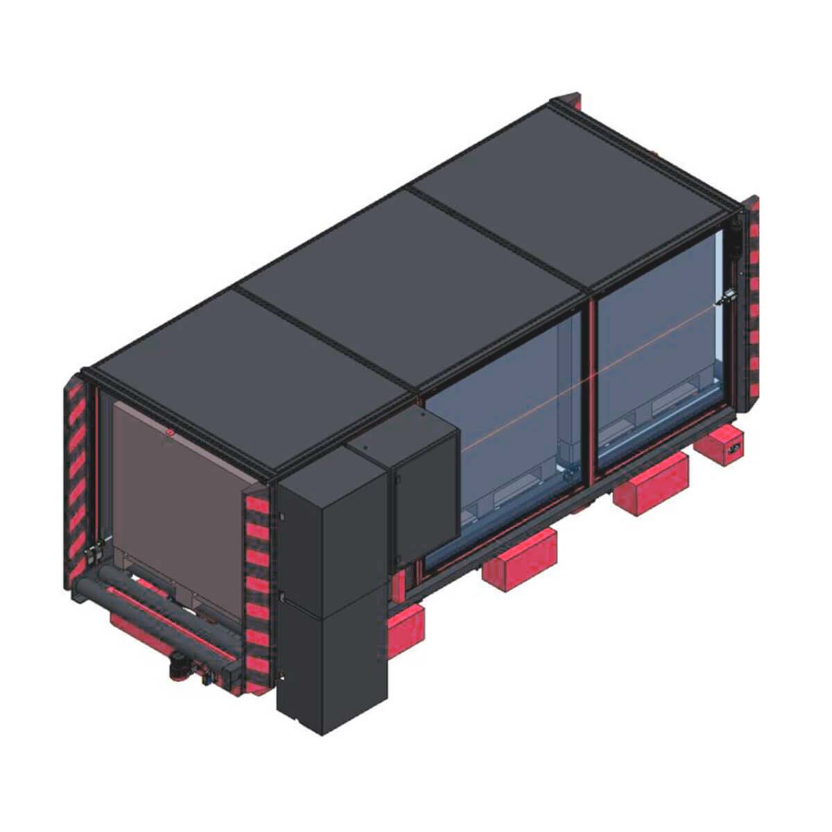 辛北尔康普电动传输系统ServoTrack小车在两栋建筑之间通过室外区域进行托盘运输